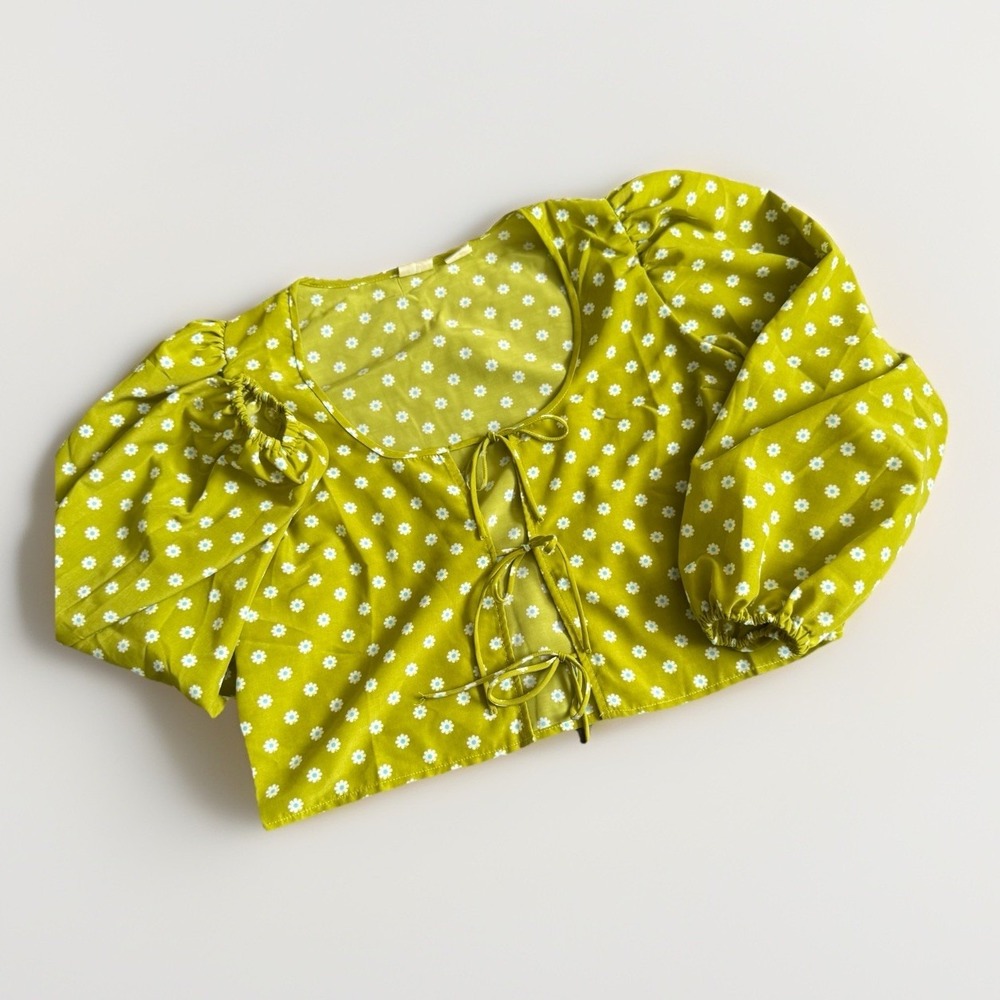 Levis Lime Green Daisy Floral Tie Front Puff Sleeve Cropped Blouse Top Large
